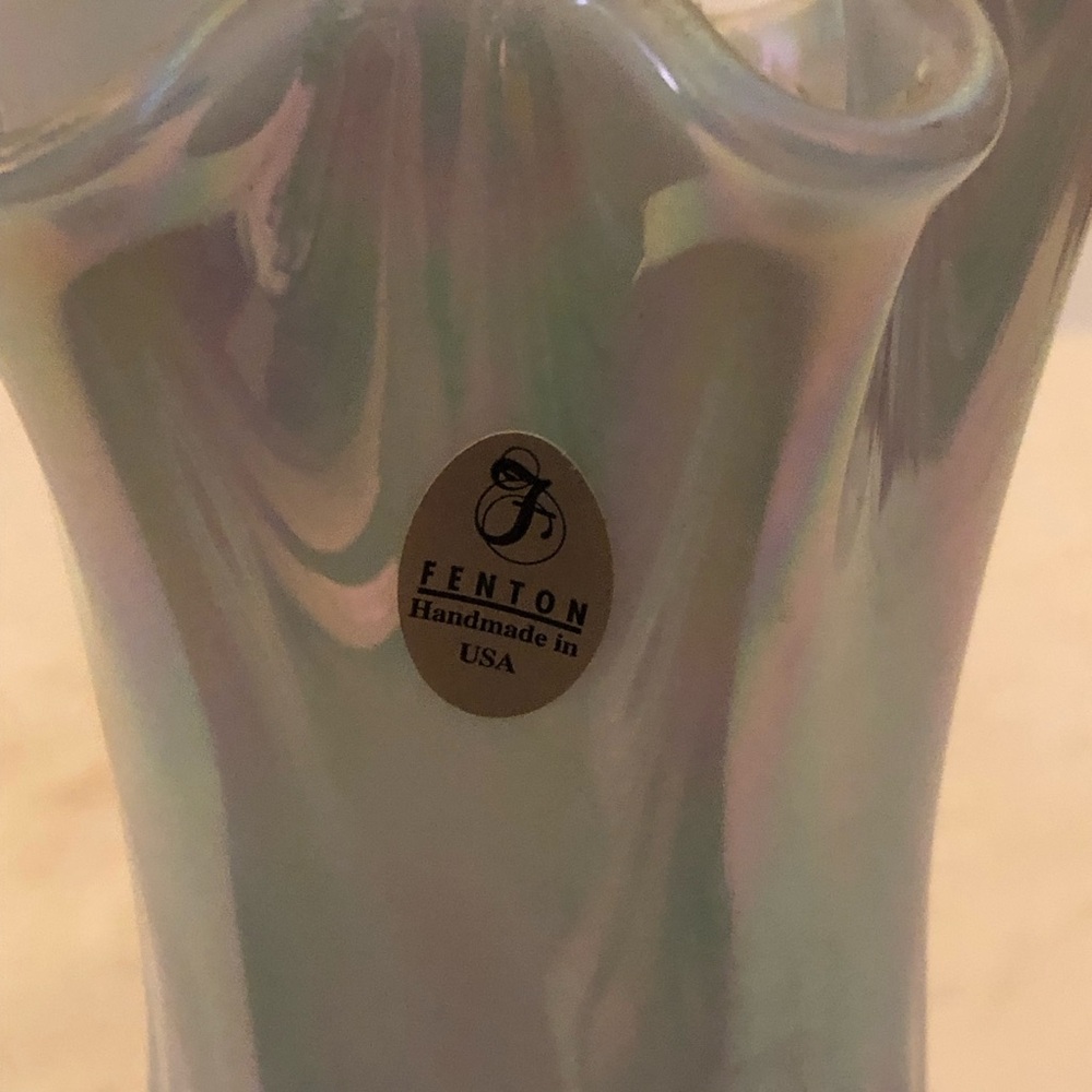 Fenton Iridescent Blue-Gray Ruffled Top Vase - Picture 2 of 14